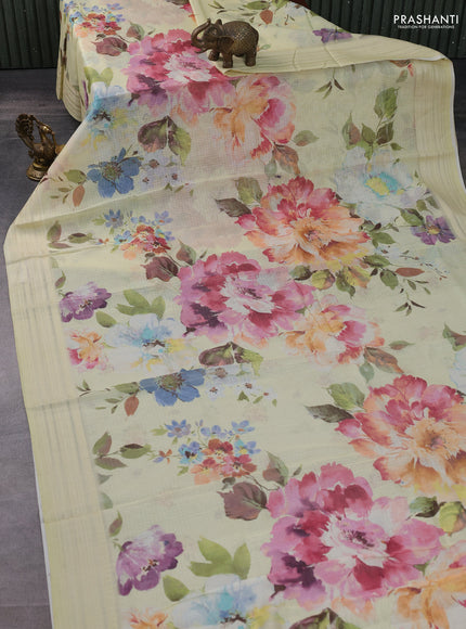 Kota silk cotton saree pale yellow with floarl digital prints and thread woven border