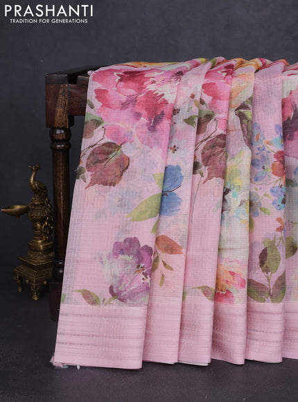 Kota silk cotton saree light pink with floarl digital prints and thread woven border