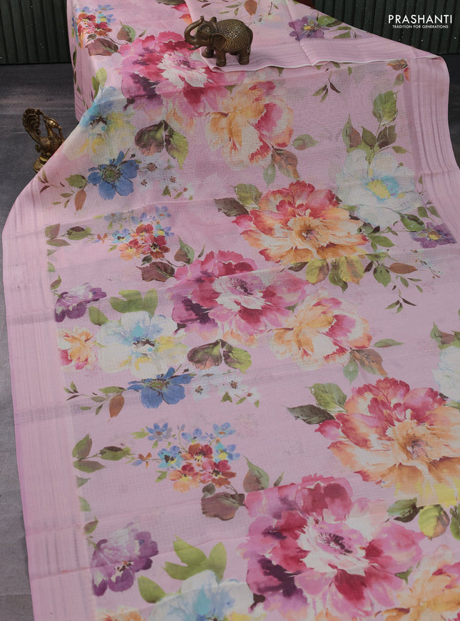 Kota silk cotton saree light pink with floarl digital prints and thread woven border