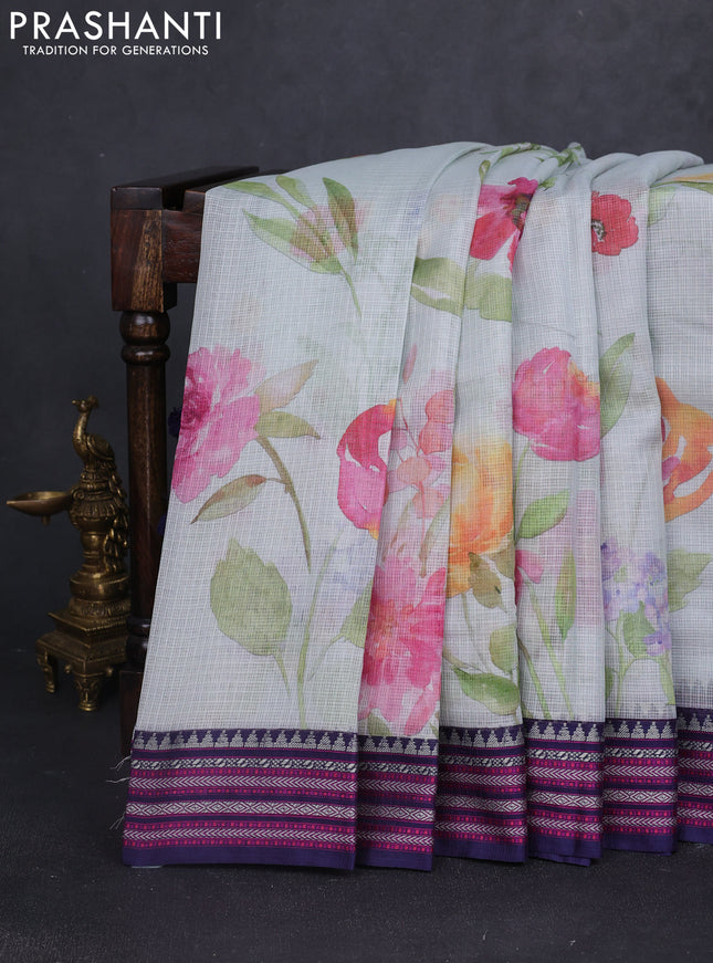 Kota silk cotton saree pastel blue shade and navy blue with floarl digital prints and thread woven border
