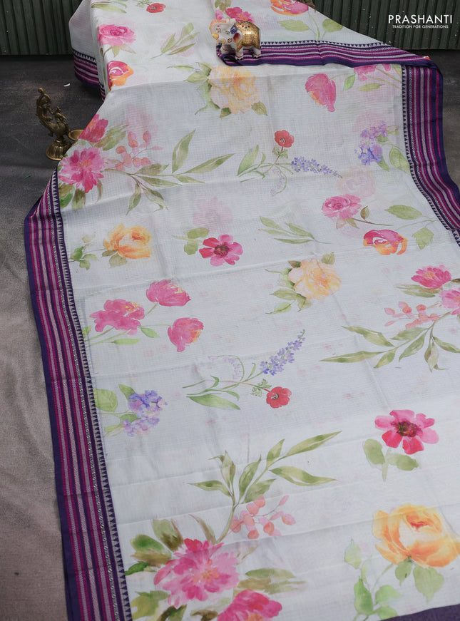 Kota silk cotton saree pastel blue shade and navy blue with floarl digital prints and thread woven border