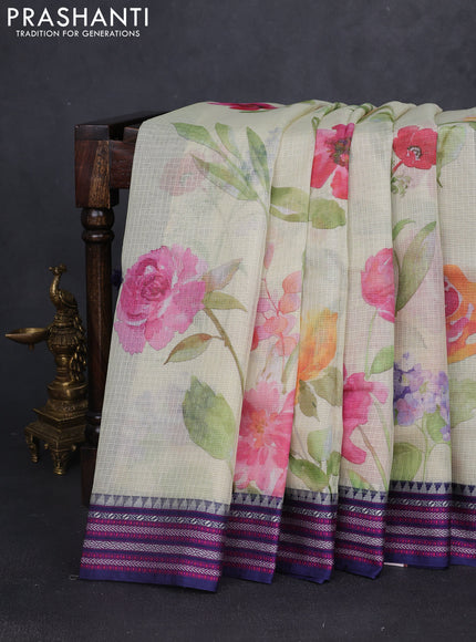 Kota silk cotton saree mild pista green and navy blue with floarl digital prints and thread woven border