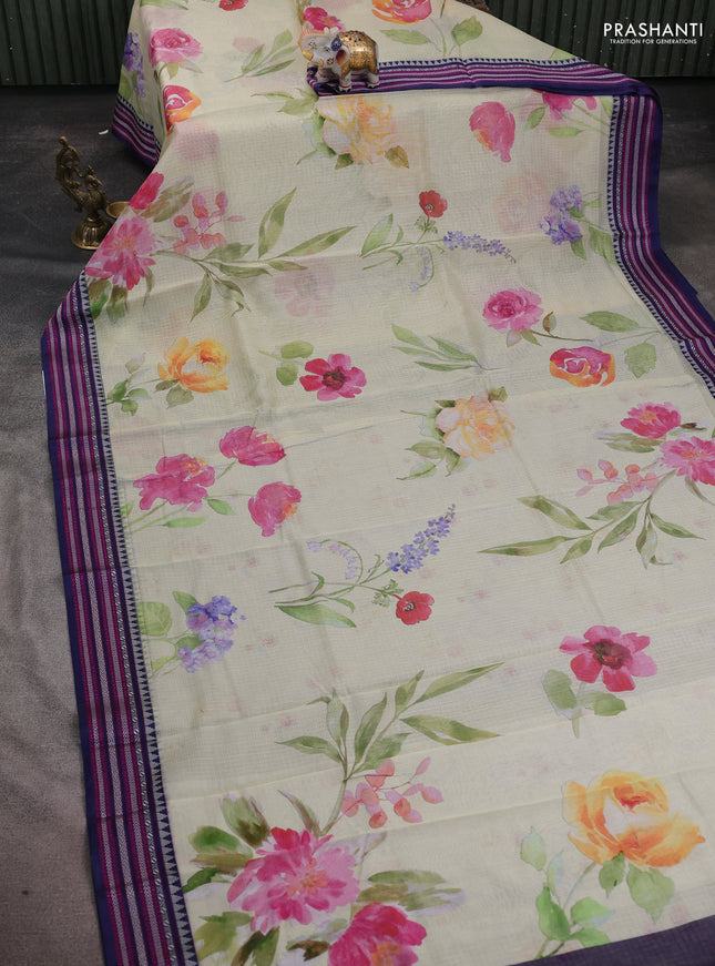 Kota silk cotton saree mild pista green and navy blue with floarl digital prints and thread woven border