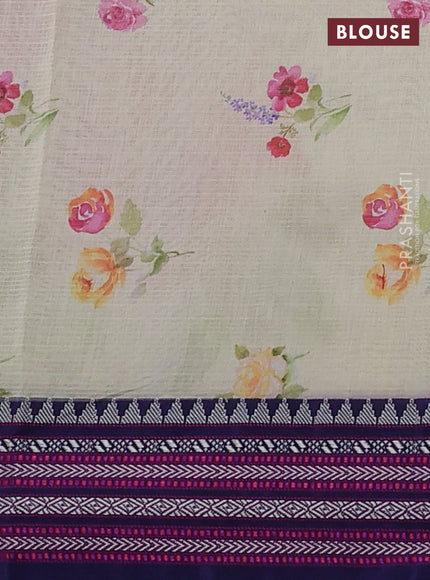 Kota silk cotton saree mild pista green and navy blue with floarl digital prints and thread woven border
