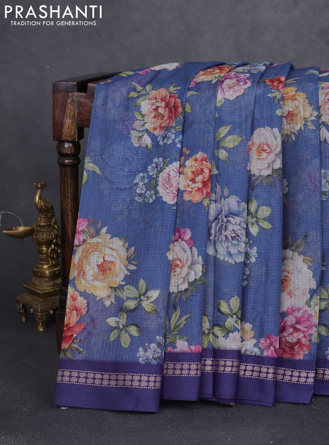 Kota silk cotton saree blue with allover floral digital prints and thread woven border