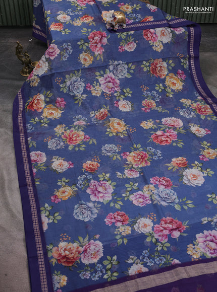 Kota silk cotton saree blue with allover floral digital prints and thread woven border
