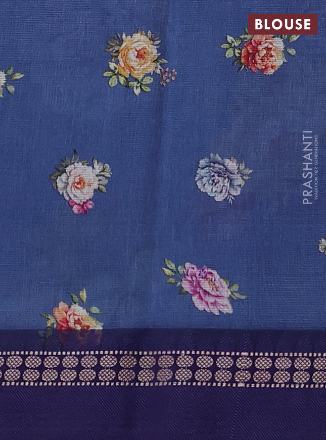Kota silk cotton saree blue with allover floral digital prints and thread woven border