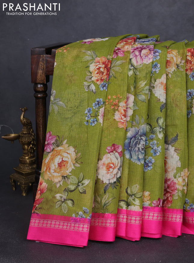 Kota silk cotton saree mehendi green and pink with allover floral digital prints and thread woven border