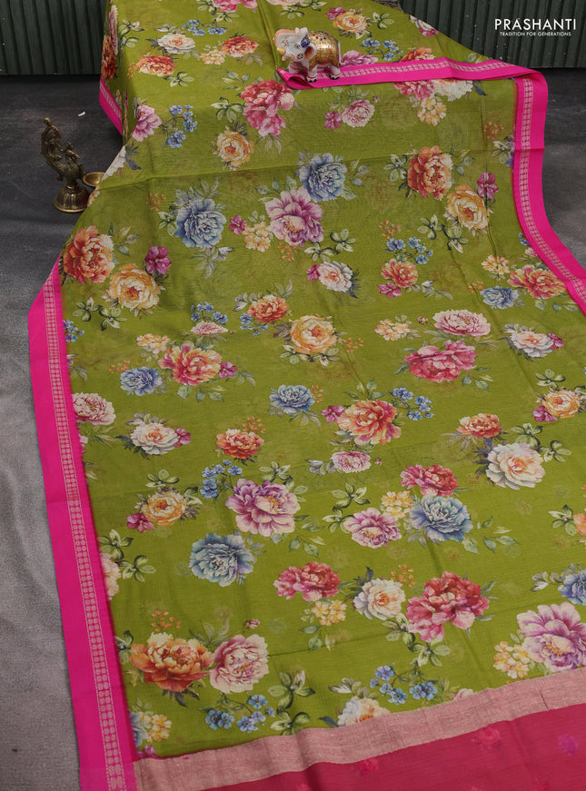 Kota silk cotton saree mehendi green and pink with allover floral digital prints and thread woven border