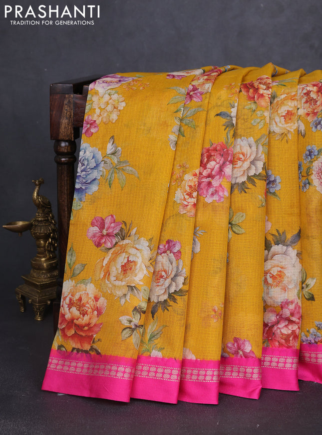 Kota silk cotton saree mustard yellow and pink with allover floral digital prints and thread woven border