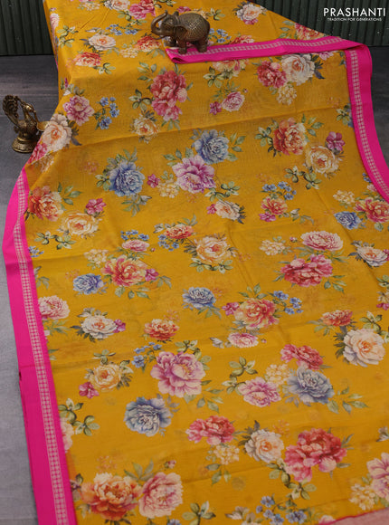 Kota silk cotton saree mustard yellow and pink with allover floral digital prints and thread woven border