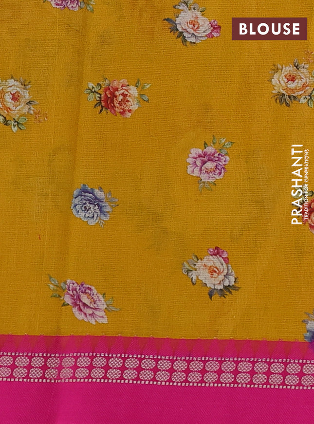 Kota silk cotton saree mustard yellow and pink with allover floral digital prints and thread woven border