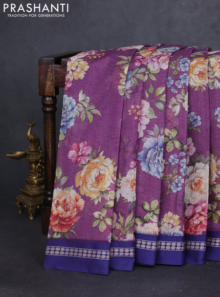 Kota silk cotton saree purple and blue with allover floral digital prints and thread woven border