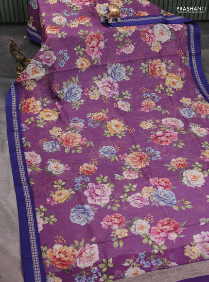 Kota silk cotton saree purple and blue with allover floral digital prints and thread woven border