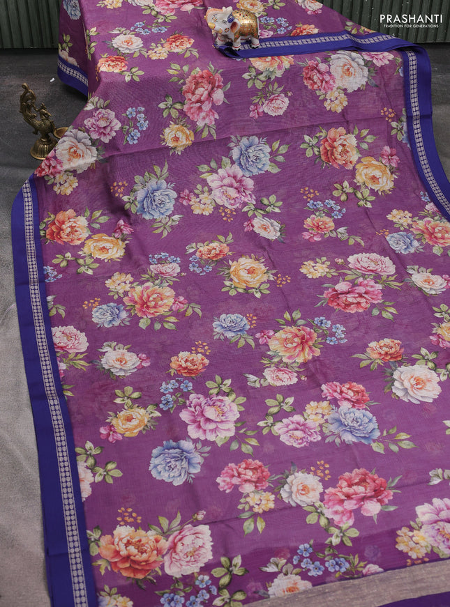 Kota silk cotton saree purple and blue with allover floral digital prints and thread woven border