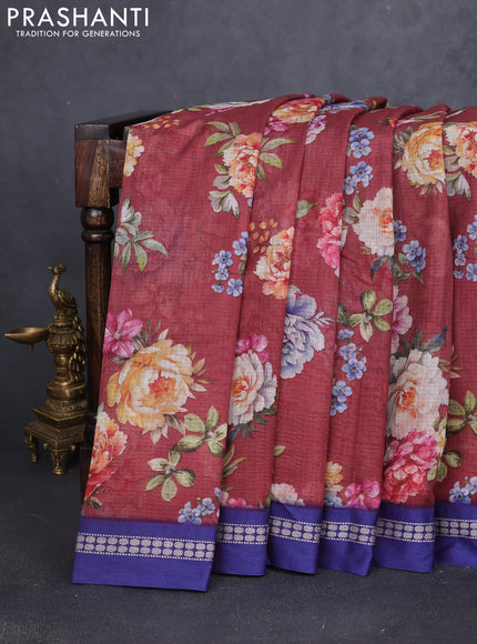 Kota silk cotton saree deep maroon and blue with allover floral digital prints and thread woven border