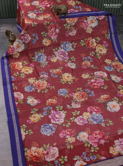 Kota silk cotton saree deep maroon and blue with allover floral digital prints and thread woven border