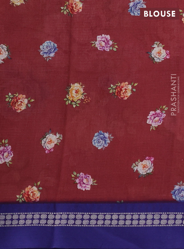 Kota silk cotton saree deep maroon and blue with allover floral digital prints and thread woven border