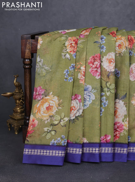 Kota silk cotton saree sap green and blue with allover floral digital prints and thread woven border