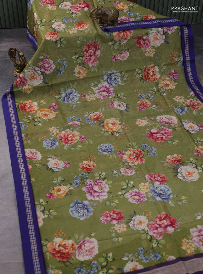 Kota silk cotton saree sap green and blue with allover floral digital prints and thread woven border