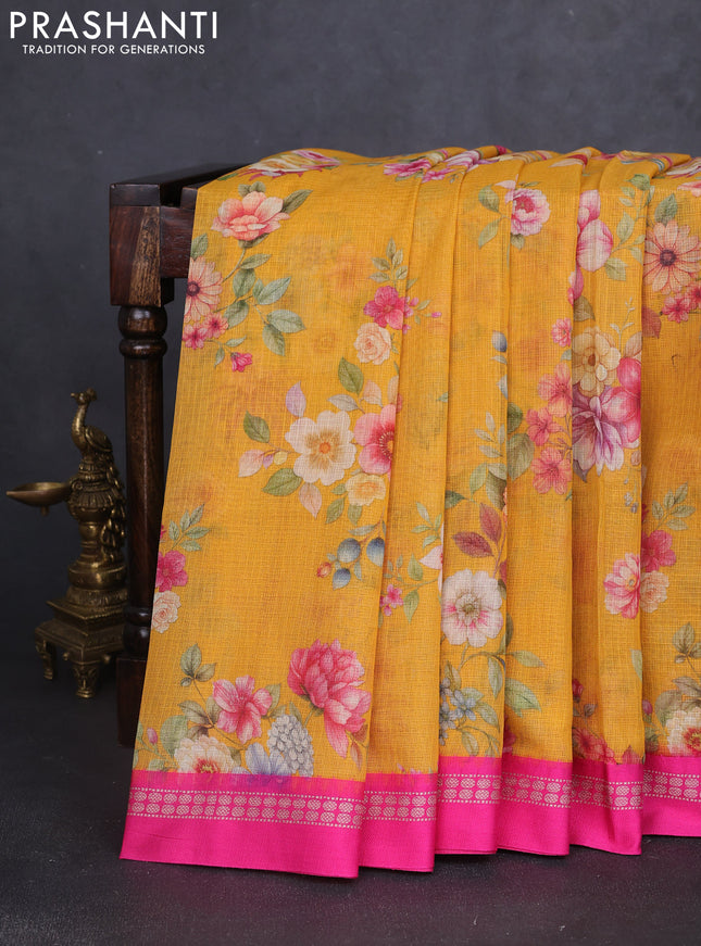 Kota silk cotton saree yellow and pink with floarl digital prints and thread woven border