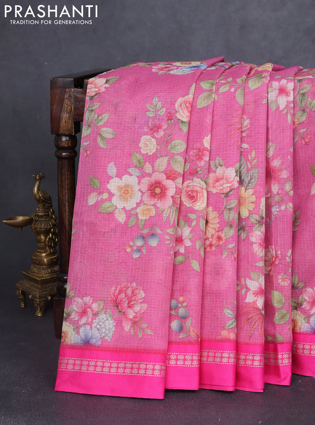 Kota silk cotton saree pink shade and pink with floarl digital prints and thread woven border