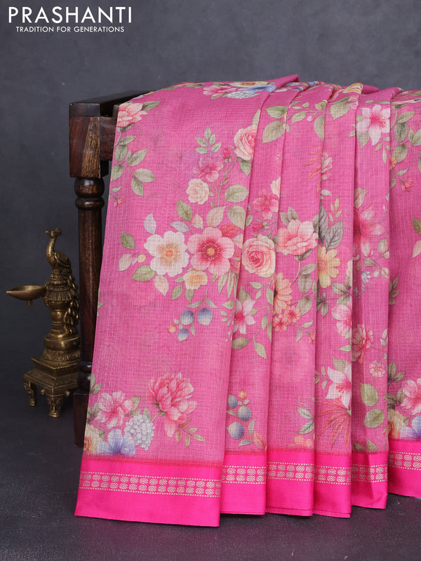 Kota silk cotton saree pink shade and pink with floarl digital prints and thread woven border