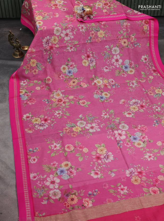 Kota silk cotton saree pink shade and pink with floarl digital prints and thread woven border