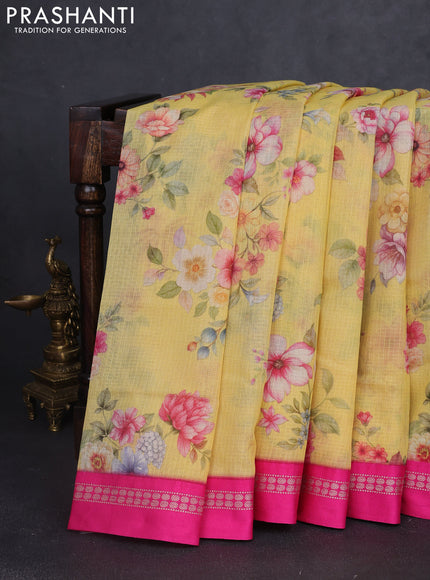 Kota silk cotton saree yellow and pink with floarl digital prints and thread woven border