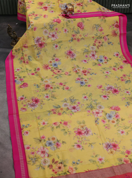 Kota silk cotton saree yellow and pink with floarl digital prints and thread woven border