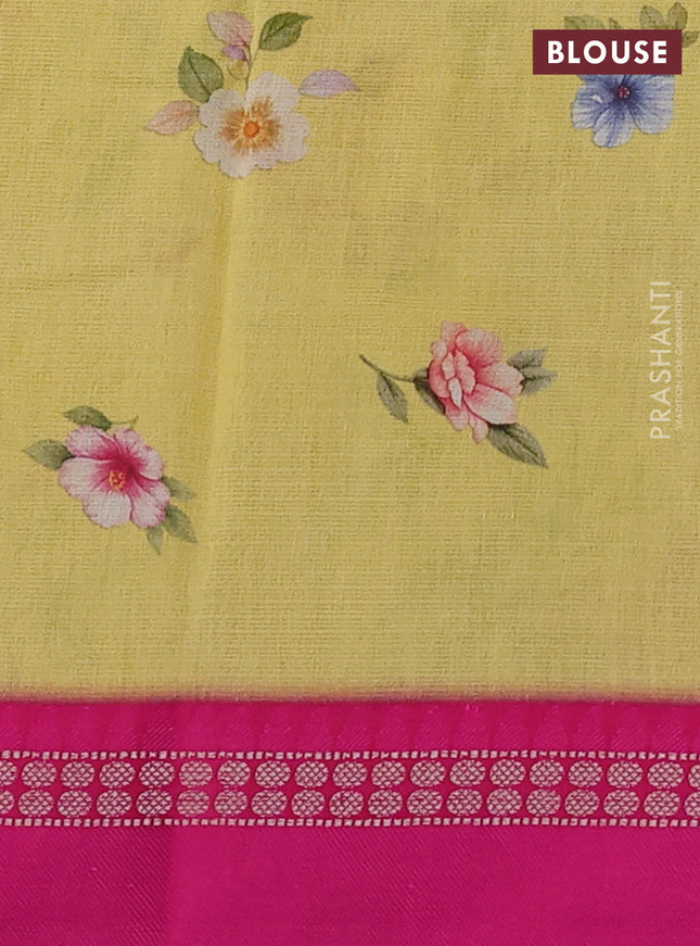 Kota silk cotton saree yellow and pink with floarl digital prints and thread woven border