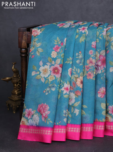Kota silk cotton saree cs blue and pink with floarl digital prints and thread woven border
