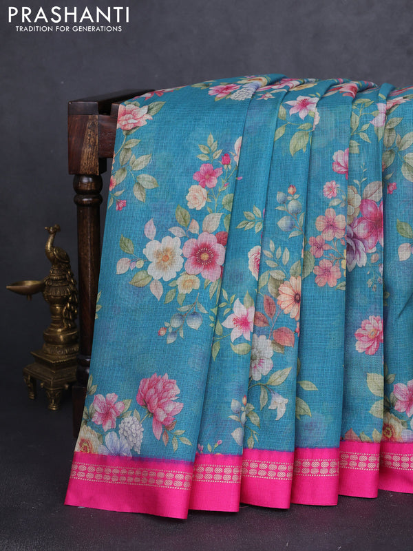 Kota silk cotton saree cs blue and pink with floarl digital prints and thread woven border