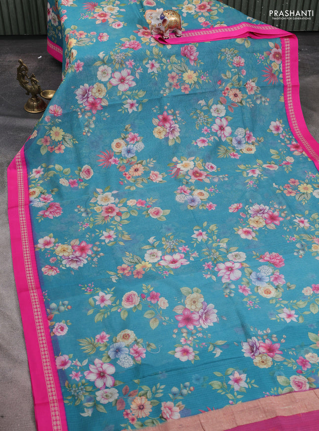 Kota silk cotton saree cs blue and pink with floarl digital prints and thread woven border