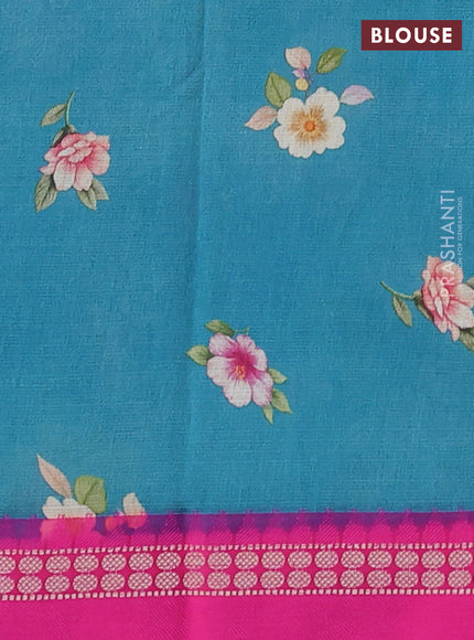 Kota silk cotton saree cs blue and pink with floarl digital prints and thread woven border