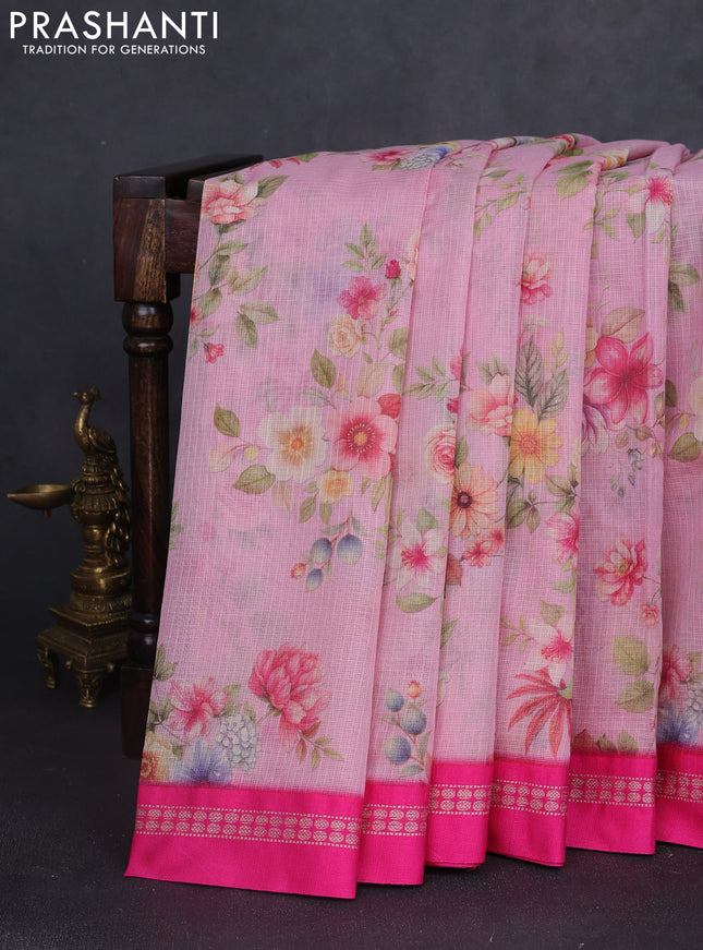 Kota silk cotton saree light pink and pink with floarl digital prints and thread woven border