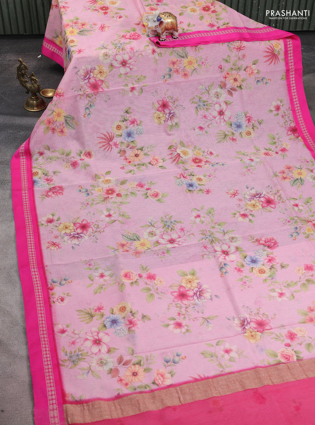 Kota silk cotton saree light pink and pink with floarl digital prints and thread woven border