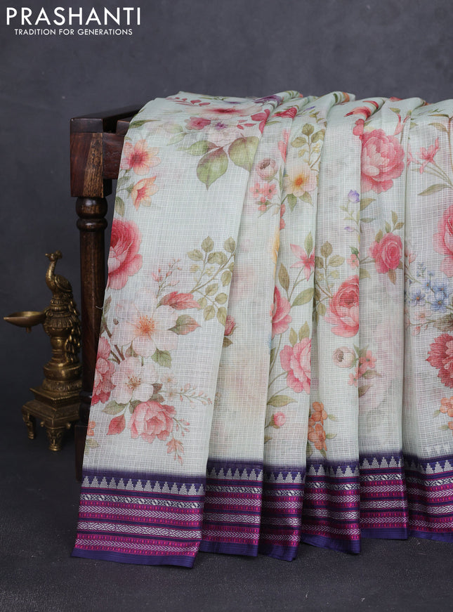 Kota silk cotton saree pista green and navy blue with floarl digital prints and thread woven border