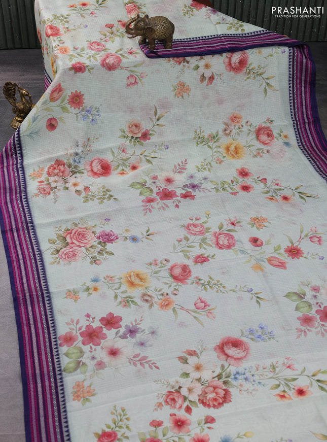 Kota silk cotton saree pista green and navy blue with floarl digital prints and thread woven border