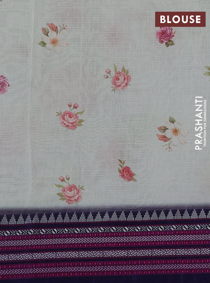 Kota silk cotton saree pista green and navy blue with floarl digital prints and thread woven border