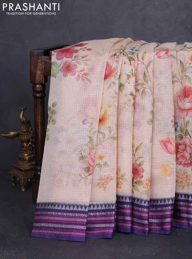 Kota silk cotton saree pale orange shade and navy blue with floarl digital prints and thread woven border