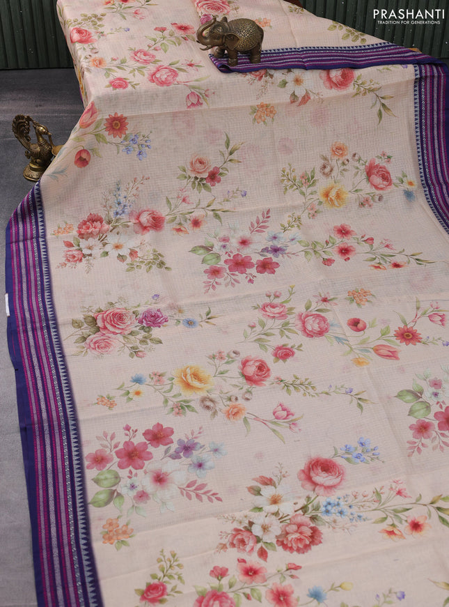 Kota silk cotton saree pale orange shade and navy blue with floarl digital prints and thread woven border