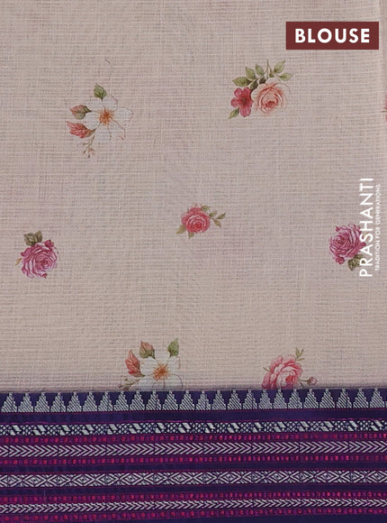 Kota silk cotton saree pale orange shade and navy blue with floarl digital prints and thread woven border