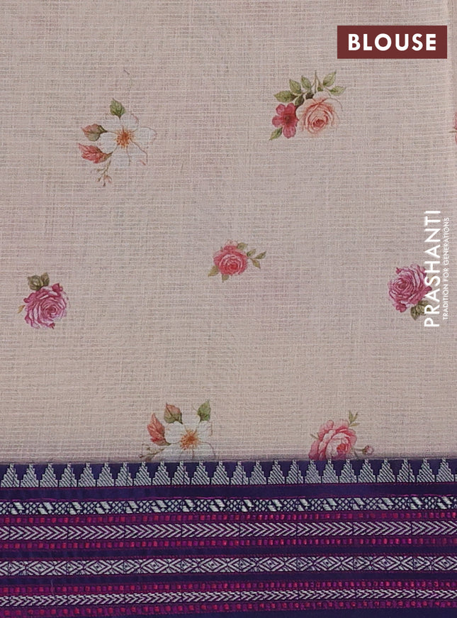 Kota silk cotton saree pale orange shade and navy blue with floarl digital prints and thread woven border