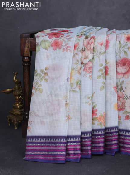Kota silk cotton saree pastel blue and navy blue with floarl digital prints and thread woven border