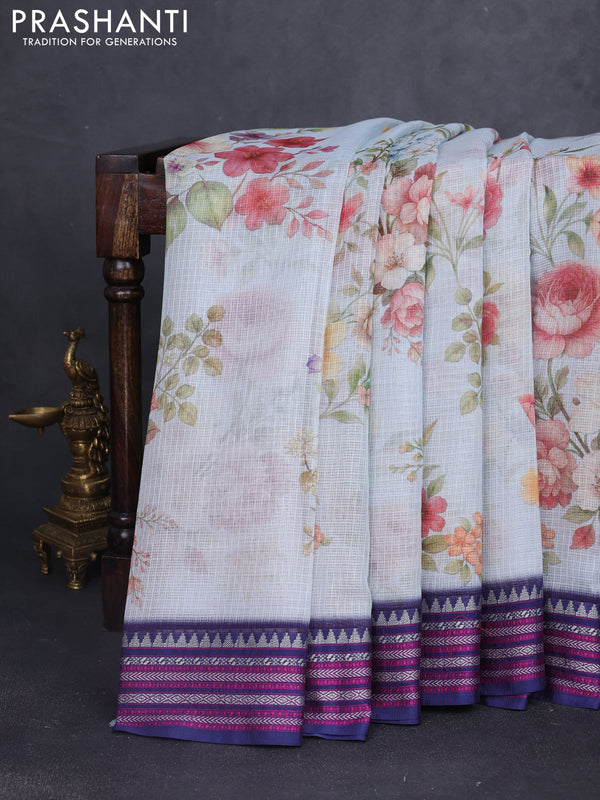 Kota silk cotton saree pastel blue and navy blue with floarl digital prints and thread woven border