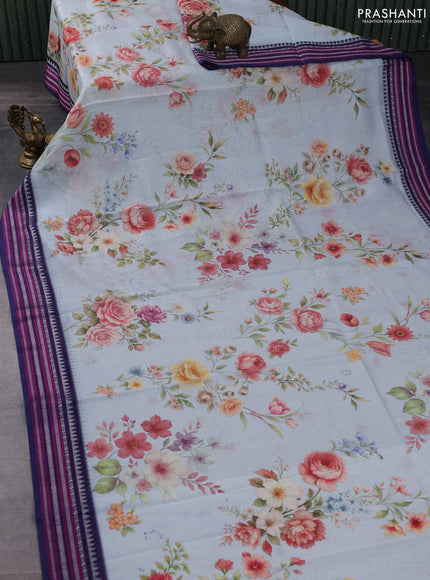 Kota silk cotton saree pastel blue and navy blue with floarl digital prints and thread woven border