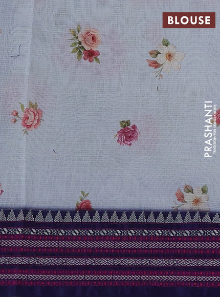 Kota silk cotton saree pastel blue and navy blue with floarl digital prints and thread woven border