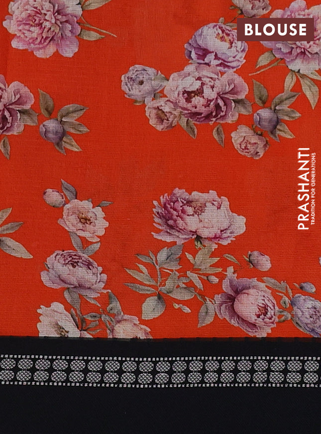 Kota silk cotton saree orange and black with floarl digital prints and thread woven border
