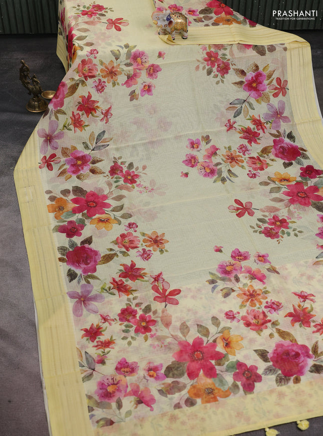 Kota silk cotton saree pale yellow with allover floral digital prints and thread woven border